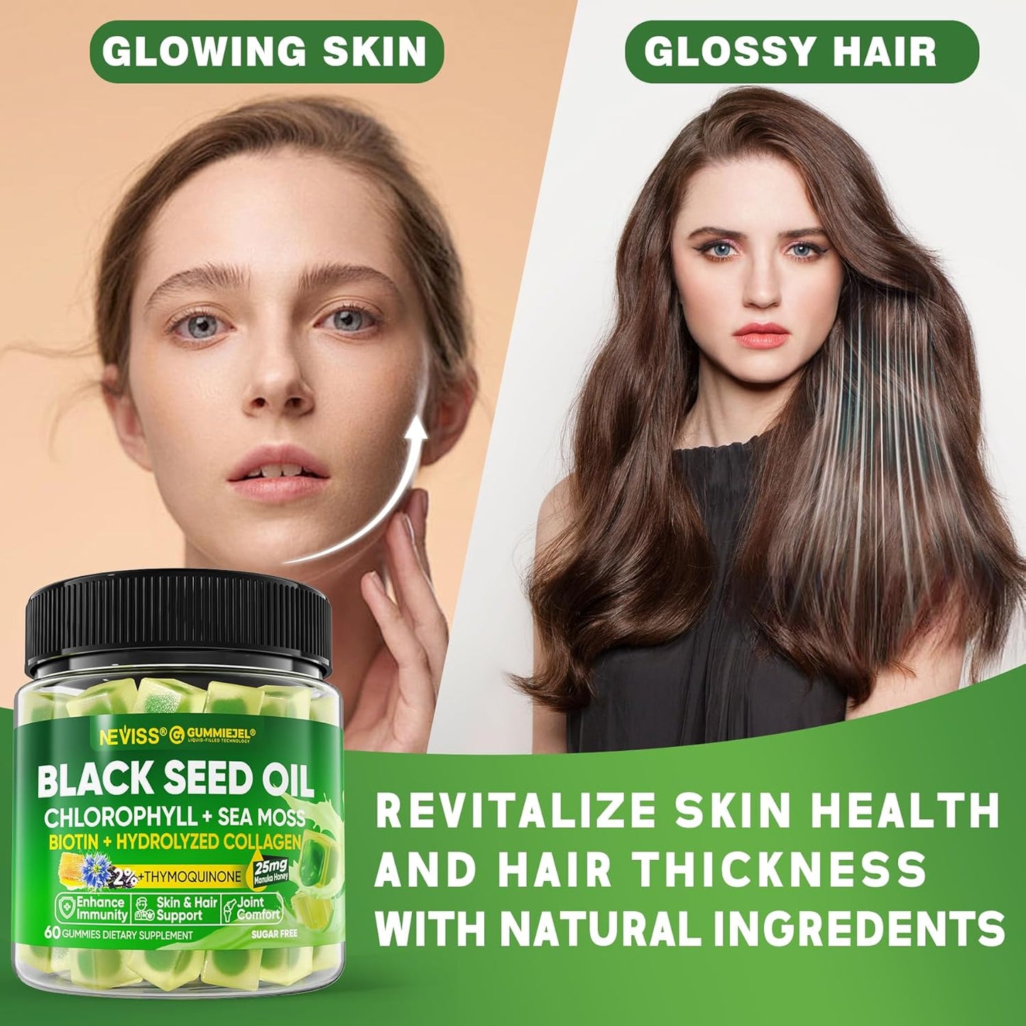 Black Seed Oil Gummies with Chlorophyll, Sea Moss, and Ashwagandha - 2000mg Sugar-Free Supplement with Magnesium Glycinate