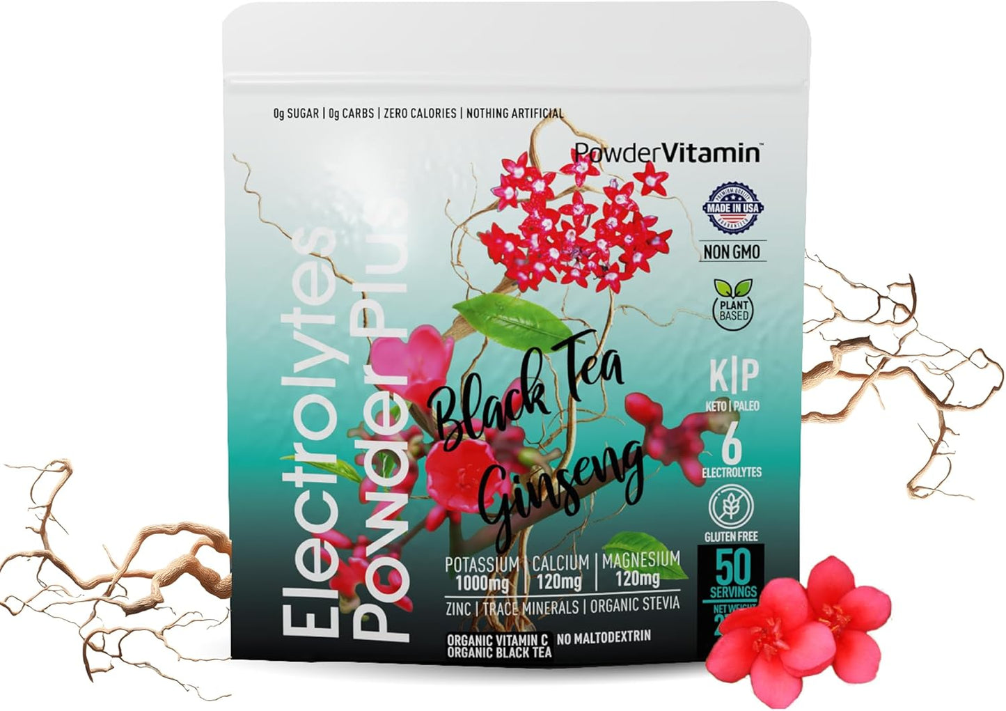 Black Tea Ginseng Electrolyte Powder with 1000mg Potassium - Keto & Sugar Free - Hydration Powder with Pink Himalayan Salt - 50 Servings