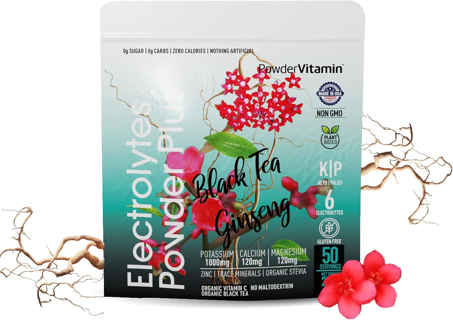 Black Tea Ginseng Electrolyte Powder with 1000mg Potassium - Keto & Sugar Free - Hydration Powder with Pink Himalayan Salt - 50 Servings