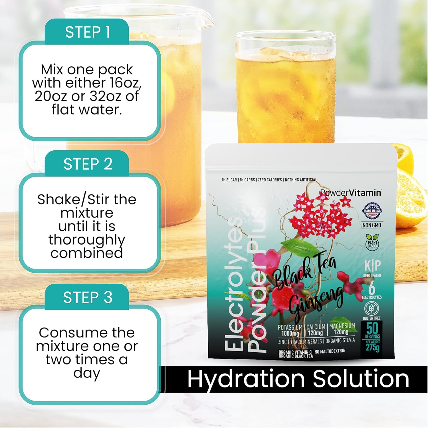 Black Tea Ginseng Electrolyte Powder with 1000mg Potassium - Keto & Sugar Free - Hydration Powder with Pink Himalayan Salt - 50 Servings