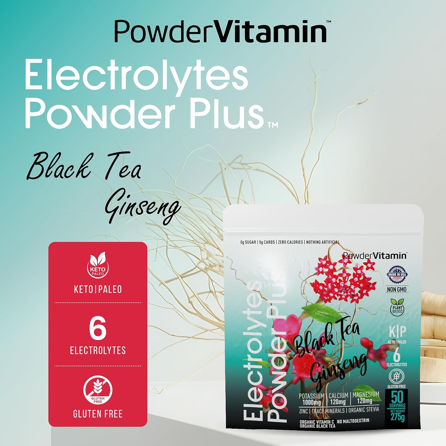 Black Tea Ginseng Electrolyte Powder with 1000mg Potassium - Keto & Sugar Free - Hydration Powder with Pink Himalayan Salt - 50 Servings