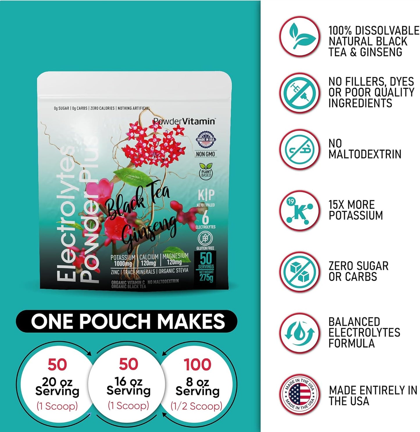 Black Tea Ginseng Electrolyte Powder with 1000mg Potassium - Keto & Sugar Free - Hydration Powder with Pink Himalayan Salt - 50 Servings