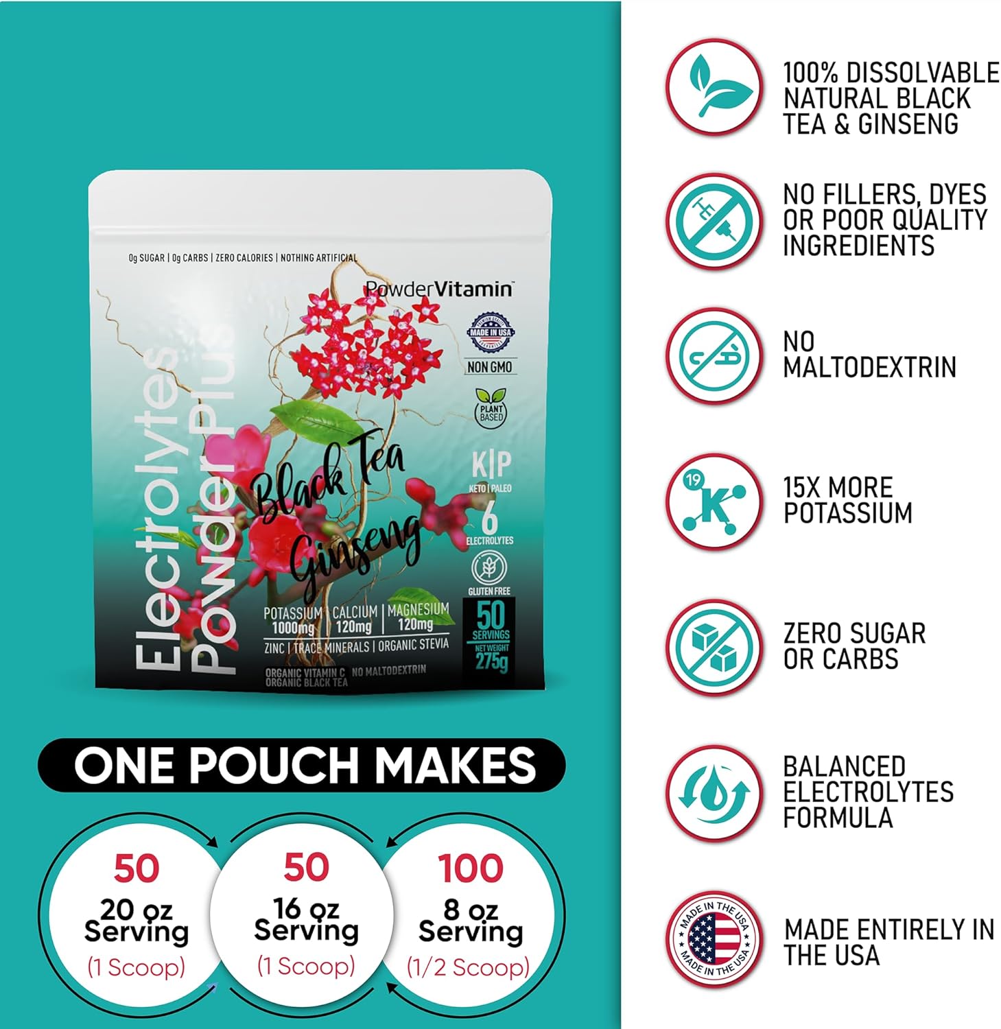 Black Tea Ginseng Electrolyte Powder with 1000mg Potassium - Keto & Sugar Free - Hydration Powder with Pink Himalayan Salt - 50 Servings