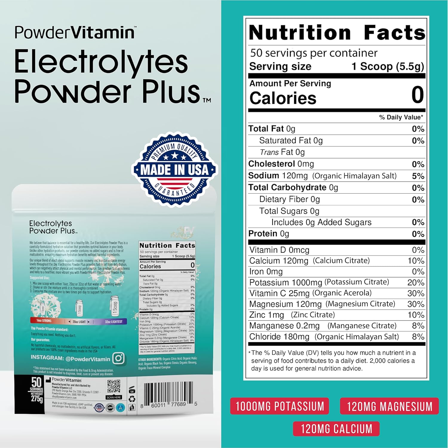 Black Tea Ginseng Electrolyte Powder with 1000mg Potassium - Keto & Sugar Free - Hydration Powder with Pink Himalayan Salt - 50 Servings