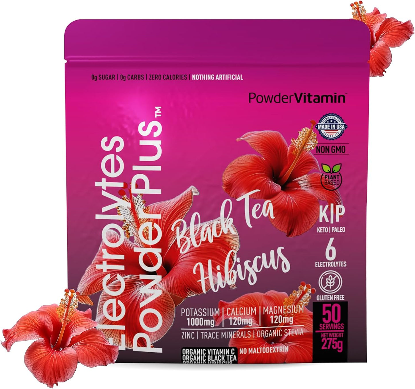 Black Tea Hibiscus Electrolyte Powder with 1000mg Potassium - Keto, Sugar Free, Hydration Powder (50 Servings)