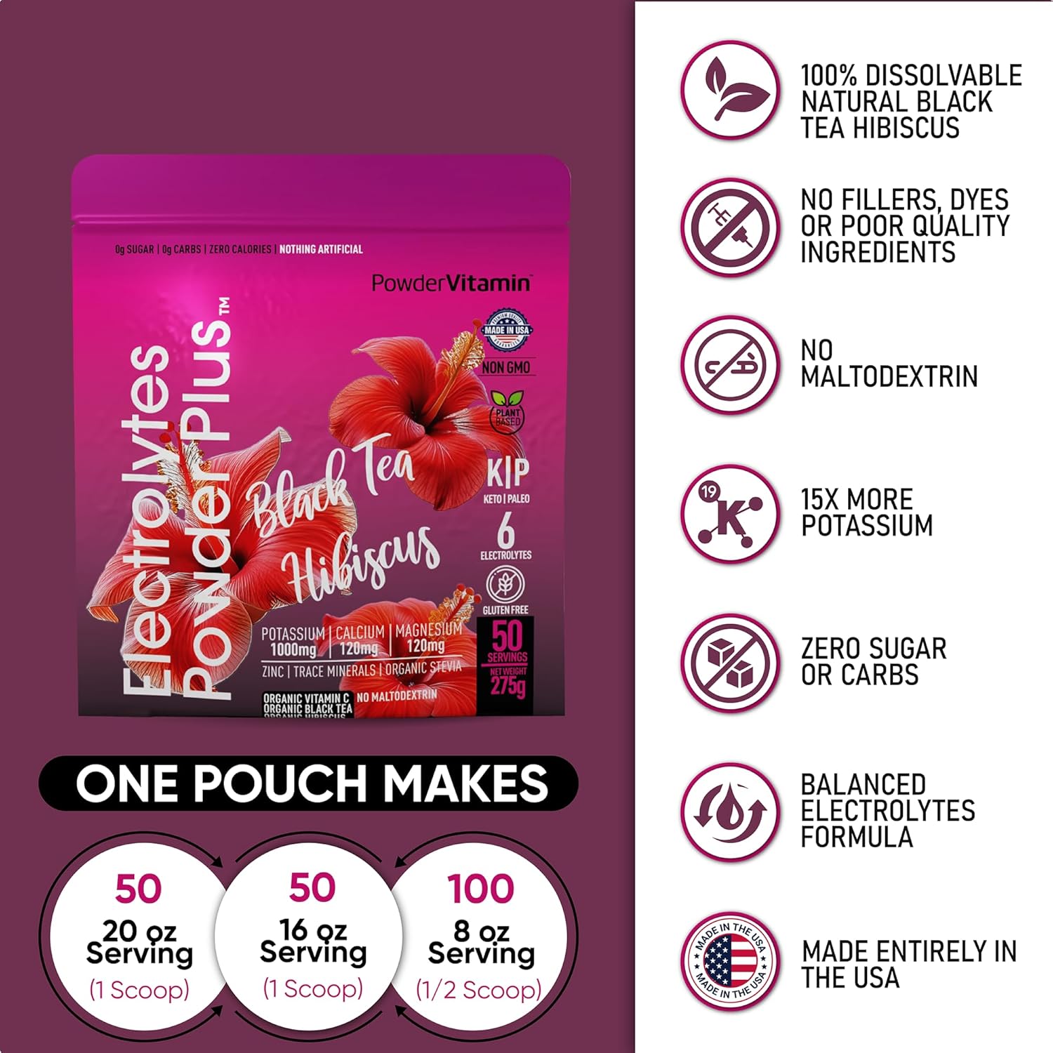 Black Tea Hibiscus Electrolyte Powder with 1000mg Potassium - Keto, Sugar Free, Hydration Powder (50 Servings)