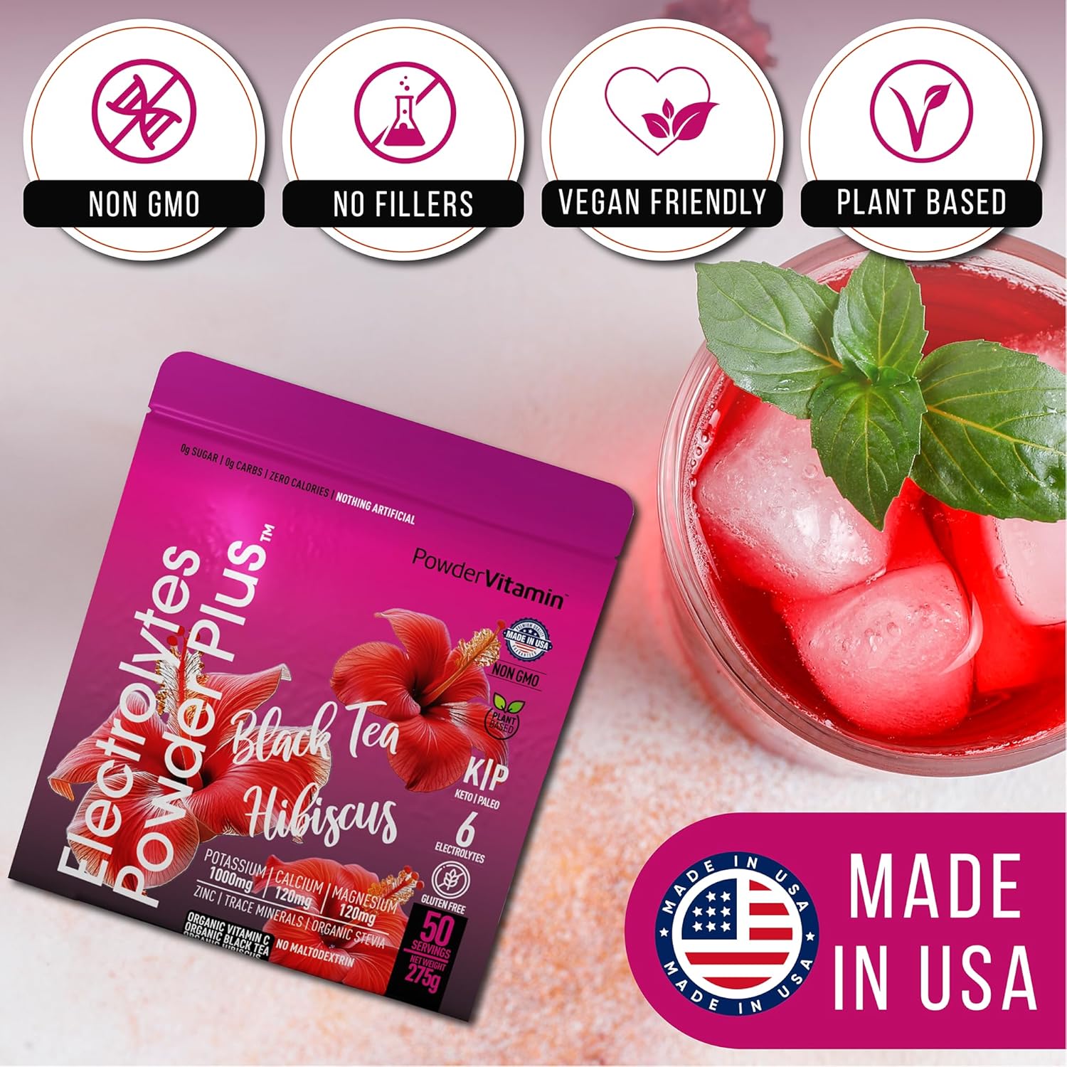 Black Tea Hibiscus Electrolyte Powder with 1000mg Potassium - Keto, Sugar Free, Hydration Powder (50 Servings)