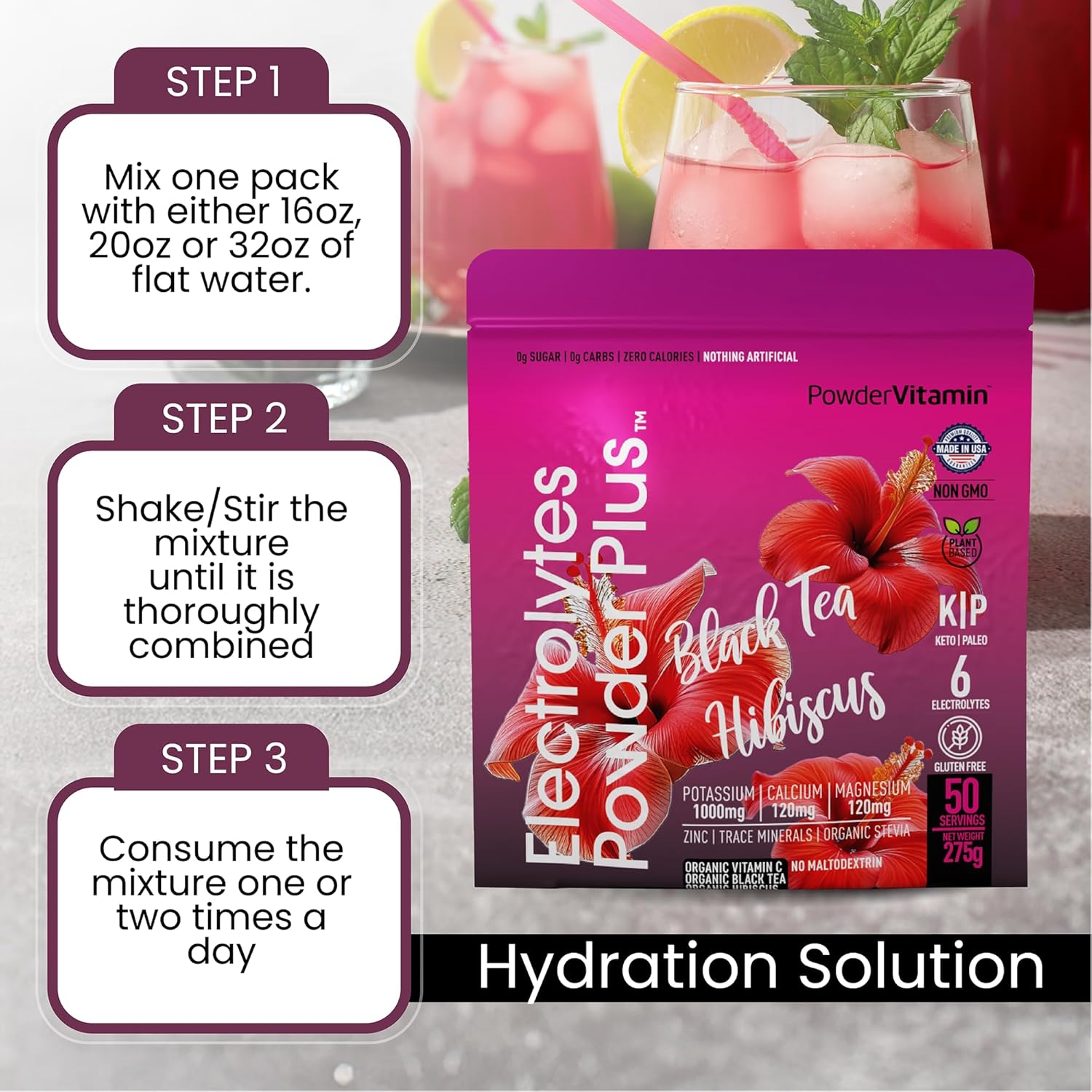 Black Tea Hibiscus Electrolyte Powder with 1000mg Potassium - Keto, Sugar Free, Hydration Powder (50 Servings)