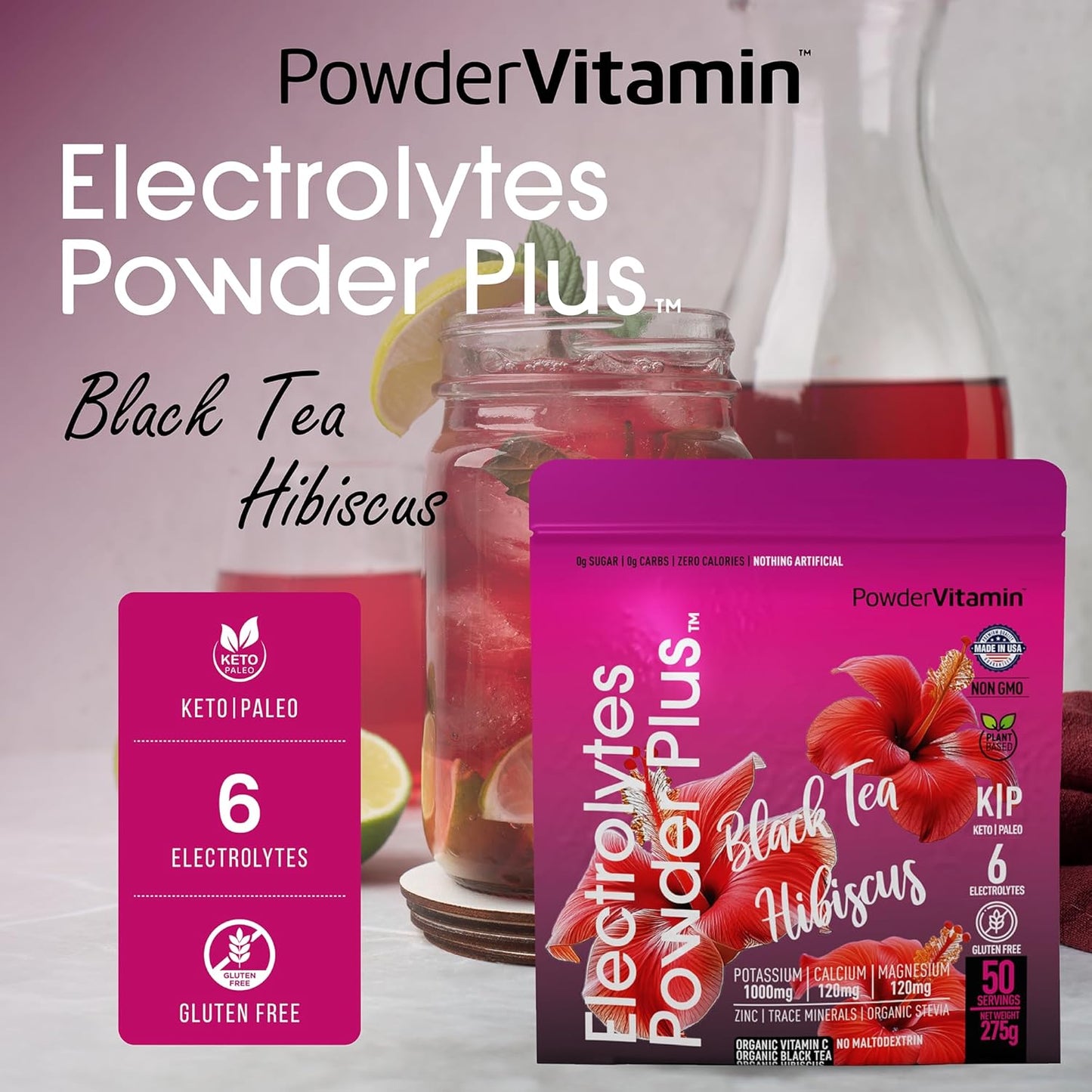 Black Tea Hibiscus Electrolyte Powder with 1000mg Potassium - Keto, Sugar Free, Hydration Powder (50 Servings)