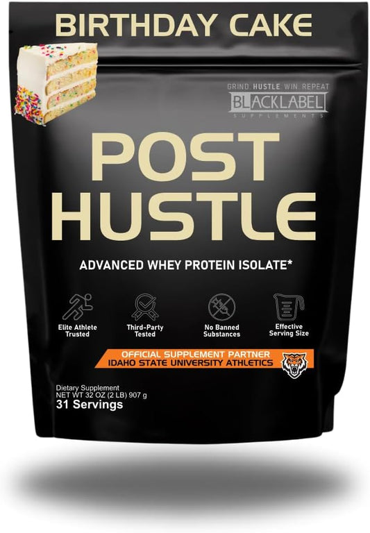 BLACKLABEL Supplements Post Hustle - Advanced Whey Protein Isolate for Muscle Recovery - Birthday Cake Flavor - 30 Servings
