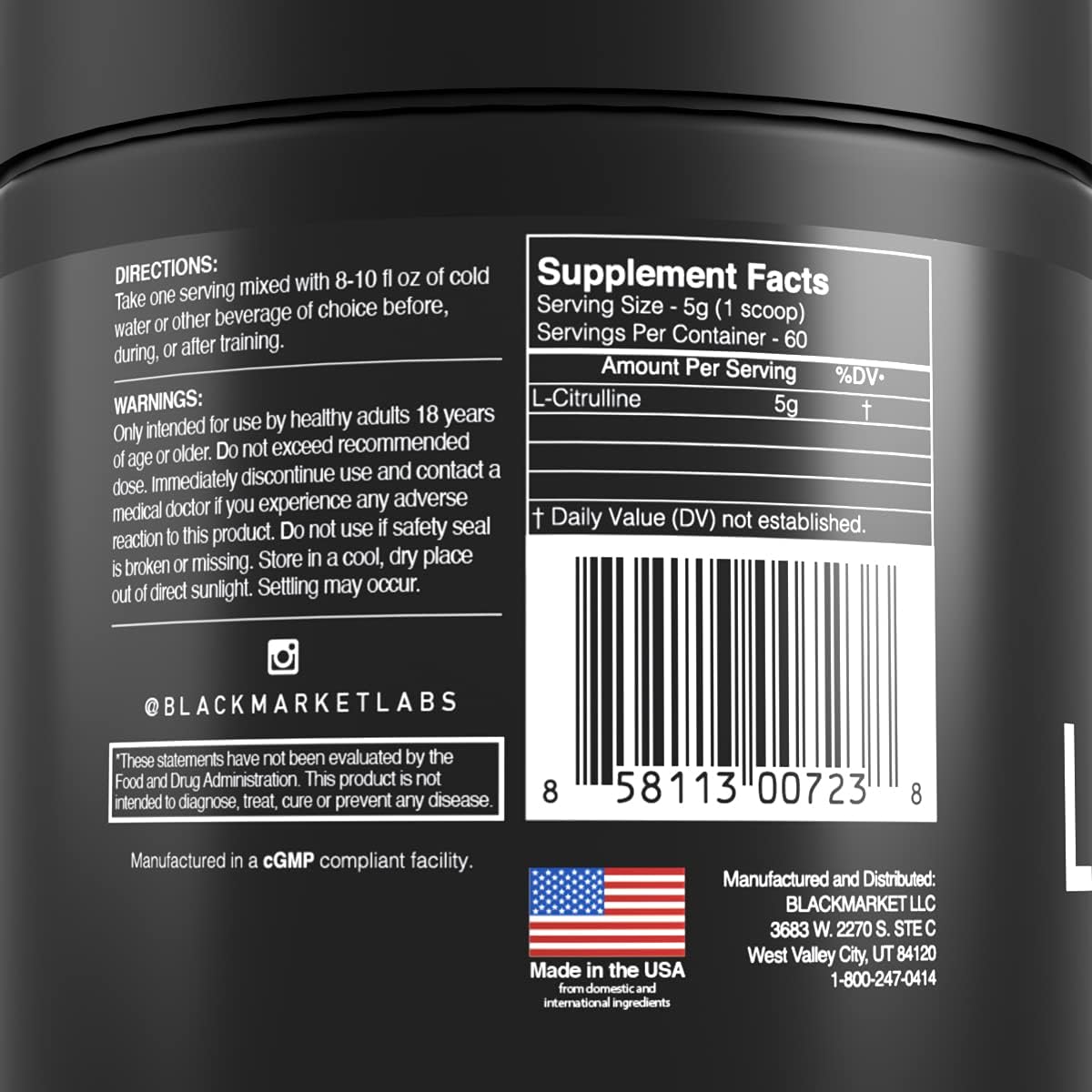 Blackmarket Raw L-Citrulline Powder: Boosts Blood Flow & Performance, Cardio Health Supplement - 300g