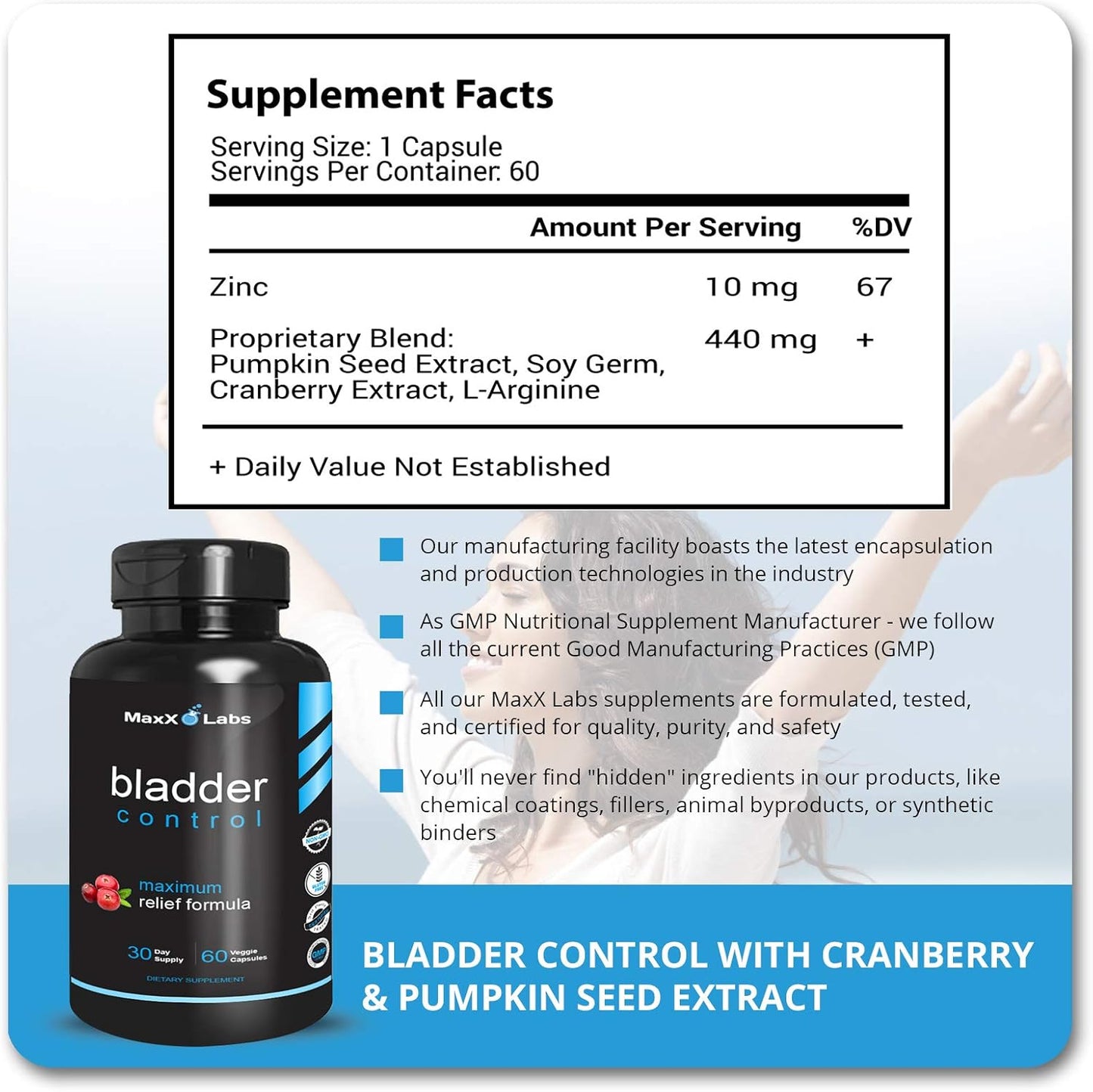 Bladder Control Supplement with Pumpkin Seed Oil & Cranberry Extract - UTI Relief for Women & Men - Overactive Bladder Control - 60 Ct