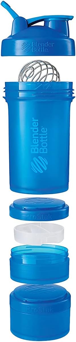 BlenderBottle ProStak Shaker Bottle with Pill Organizer and Protein Powder Storage, 22 oz, Cyan Color