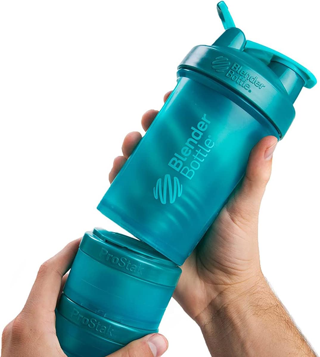 BlenderBottle ProStak Shaker Bottle with Pill Organizer and Protein Powder Storage, 22 oz, Cyan Color