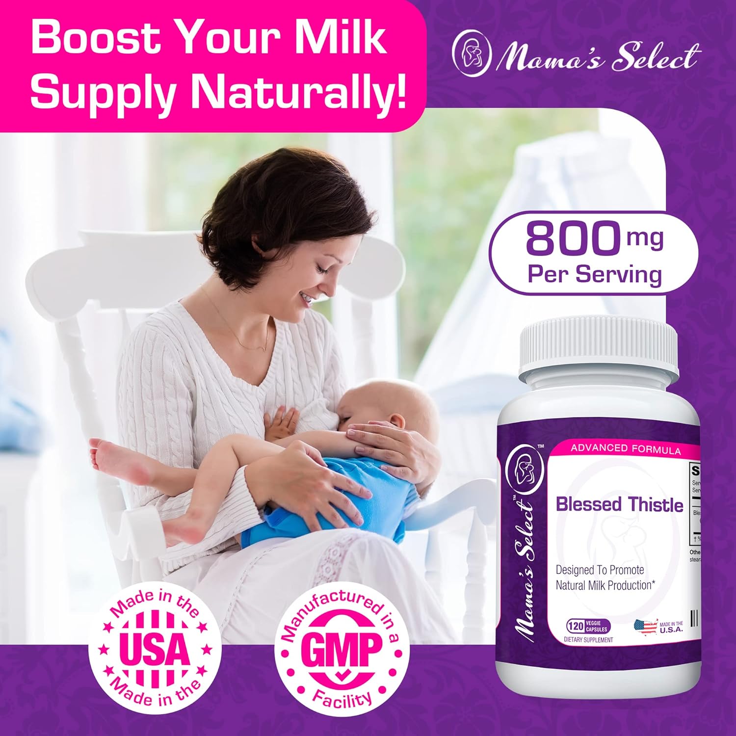 Blessed Thistle Breastfeeding Supplement 800mg - 120 Vegan Capsules for Lactation Support & Increased Breast Milk Production by Mama's Select