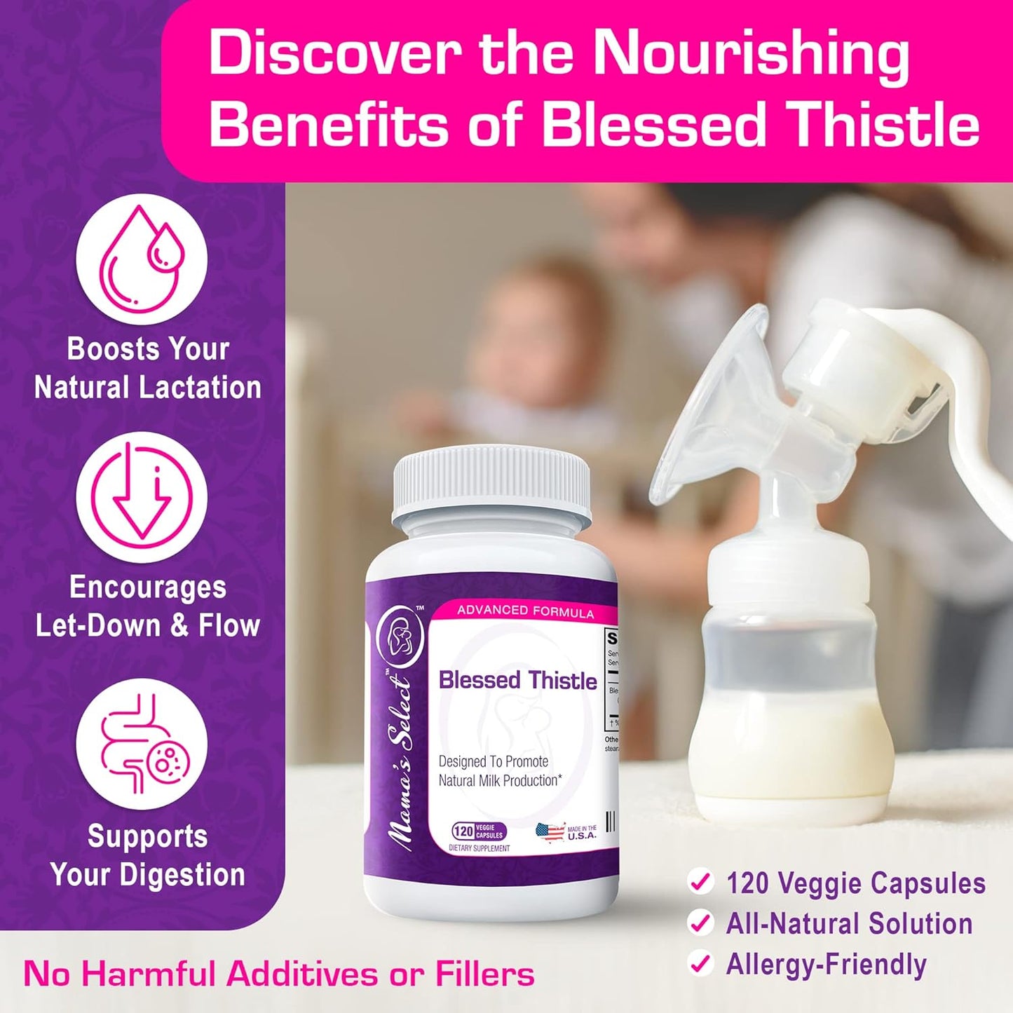 Blessed Thistle Breastfeeding Supplement 800mg - 120 Vegan Capsules for Lactation Support & Increased Breast Milk Production by Mama's Select