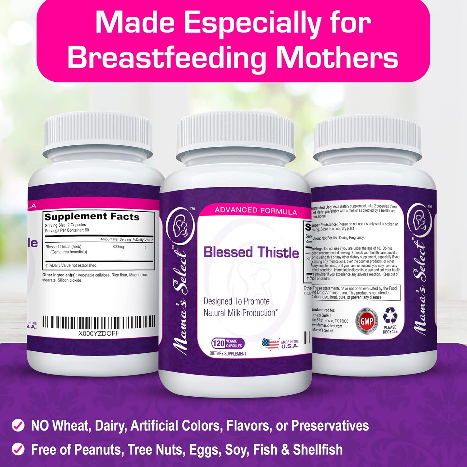 Blessed Thistle Breastfeeding Supplement 800mg - 120 Vegan Capsules for Lactation Support & Increased Breast Milk Production by Mama's Select