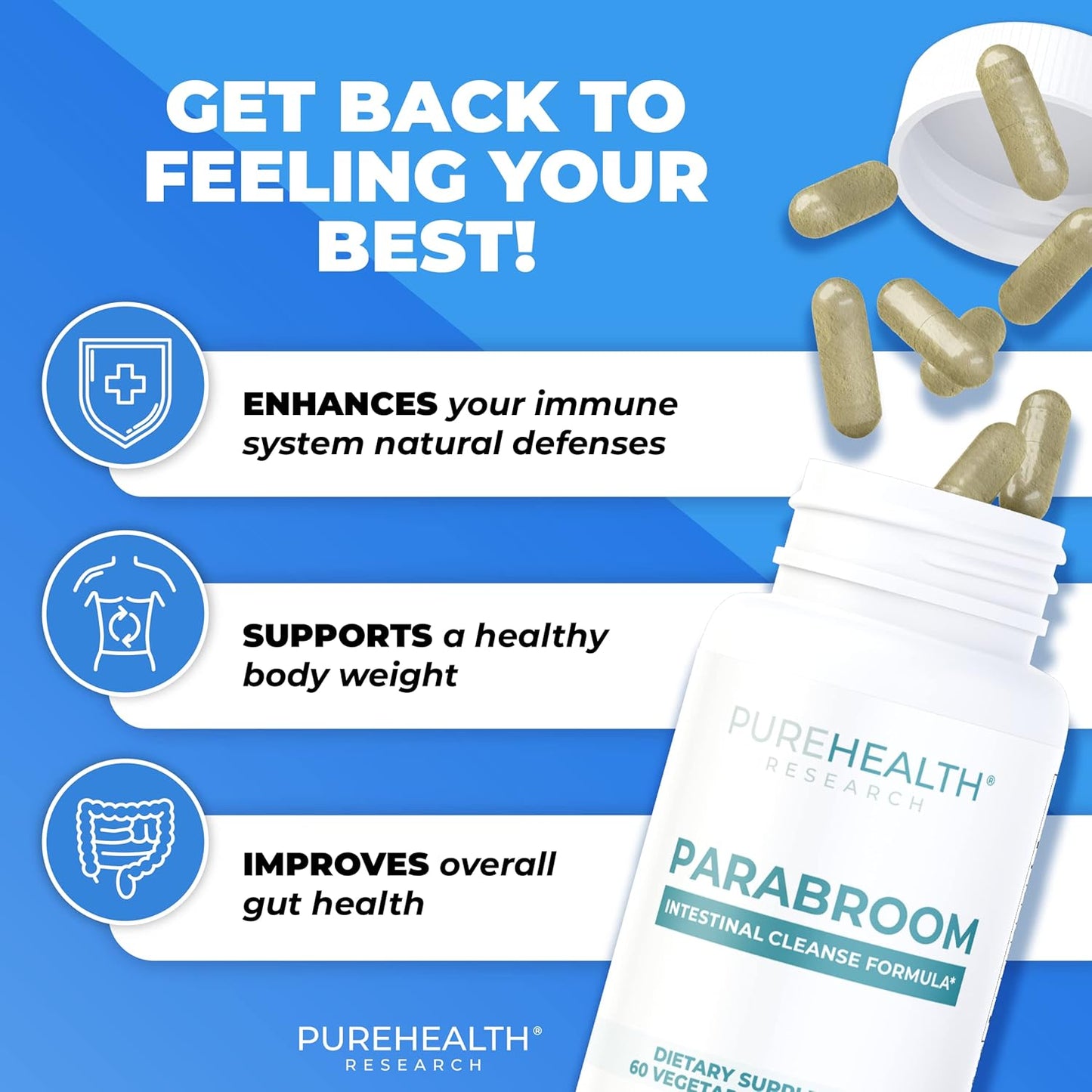 Bloating Relief Supplement with Black Walnut, Wormwood, Garlic - 60 Capsules by PUREHEALTH RESEARCH