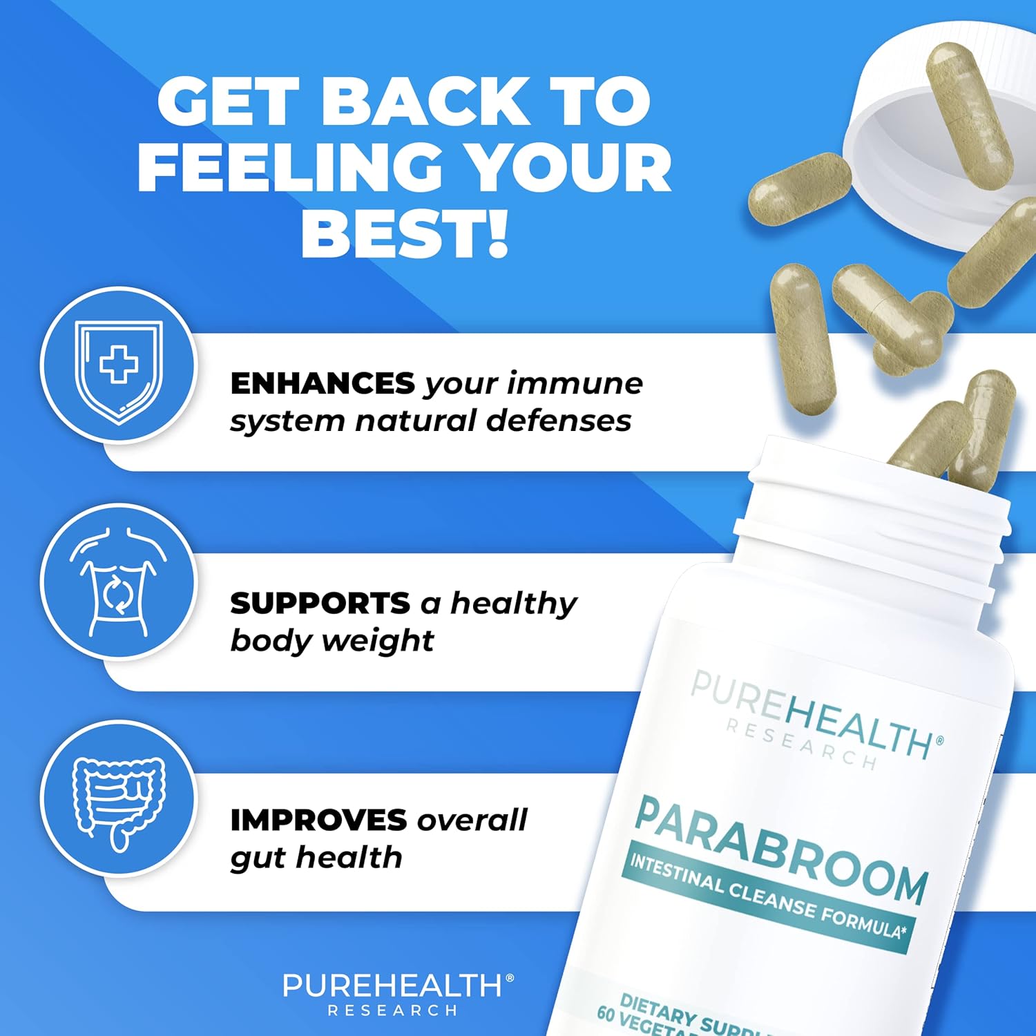 Bloating Relief Supplement with Black Walnut, Wormwood, Garlic - 60 Capsules by PUREHEALTH RESEARCH