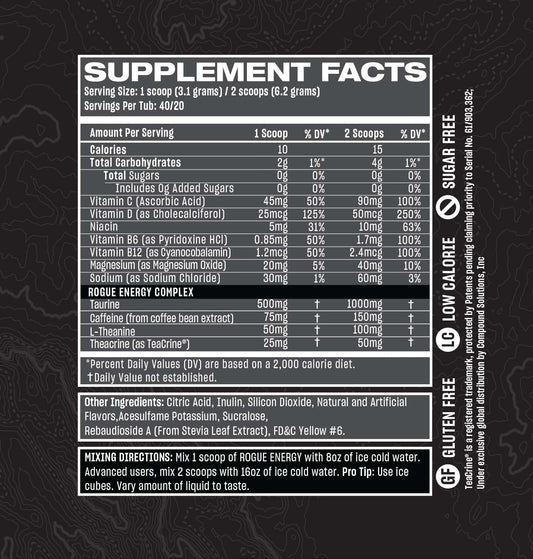 Blood Orange Rogue Energy Powder - Gaming Supplement for Mental Focus - Caffeine & Vitamin Energy Drink Mix - Sugar & Gluten Free - Made in USA - 40 Servings