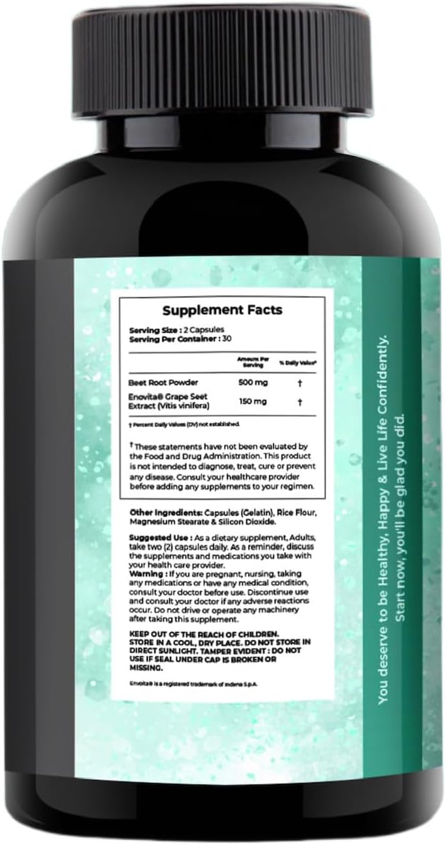 Blood Pressure Support Supplement with Nitric Oxide Production, Beet Energy, Grape Seed Extract & Beet Root Powder - 60 Capsules.