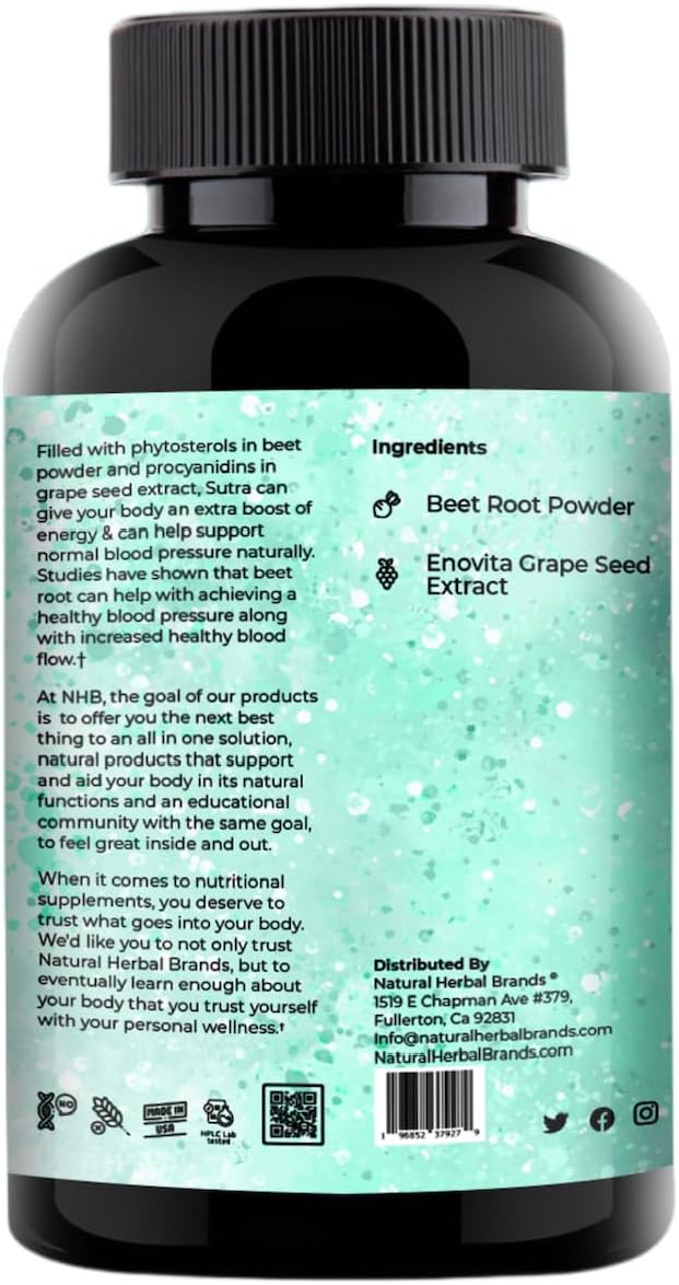 Blood Pressure Support Supplement with Nitric Oxide Production, Beet Energy, Grape Seed Extract & Beet Root Powder - 60 Capsules.