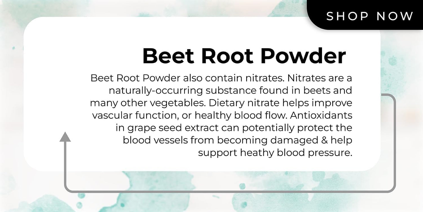 Blood Pressure Support Supplement with Nitric Oxide Production, Beet Energy, Grape Seed Extract & Beet Root Powder - 60 Capsules.
