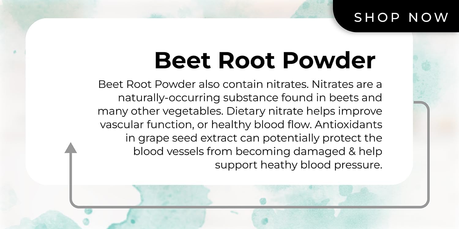 Blood Pressure Support Supplement with Nitric Oxide Production, Beet Energy, Grape Seed Extract & Beet Root Powder - 60 Capsules.