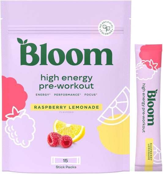 Bloom Nutrition Women's High Energy Pre Workout Powder - Natural Caffeine from Green Tea Extract, Beta Alanine, Ginseng, L Tyrosine, Sugar-Free, Keto Stick Packs - Raspberry Lemonade Flavor