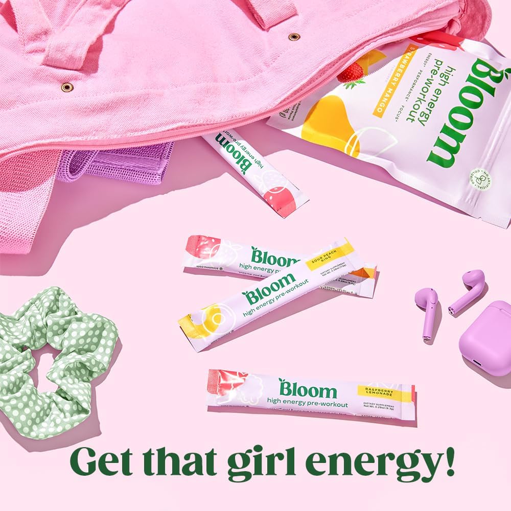 Bloom Nutrition Women's High Energy Pre Workout Powder - Natural Caffeine from Green Tea Extract, Beta Alanine, Ginseng, L Tyrosine, Sugar-Free, Keto Stick Packs - Raspberry Lemonade Flavor