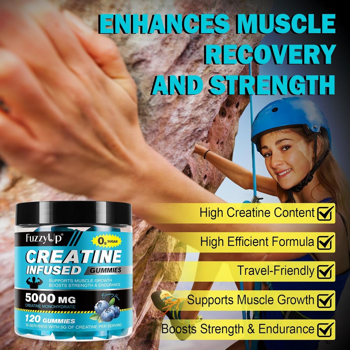 Blue Raspberry Creatine Monohydrate Gummies - 5g per Serving for Men & Women - Muscle Growth Support - 120 Count
