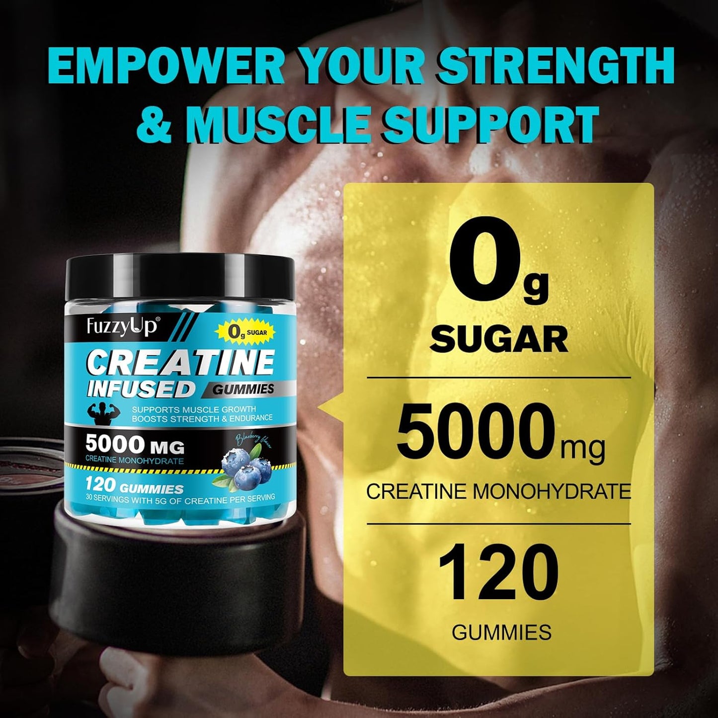 Blue Raspberry Creatine Monohydrate Gummies - 5g per Serving for Men & Women - Muscle Growth Support - 120 Count