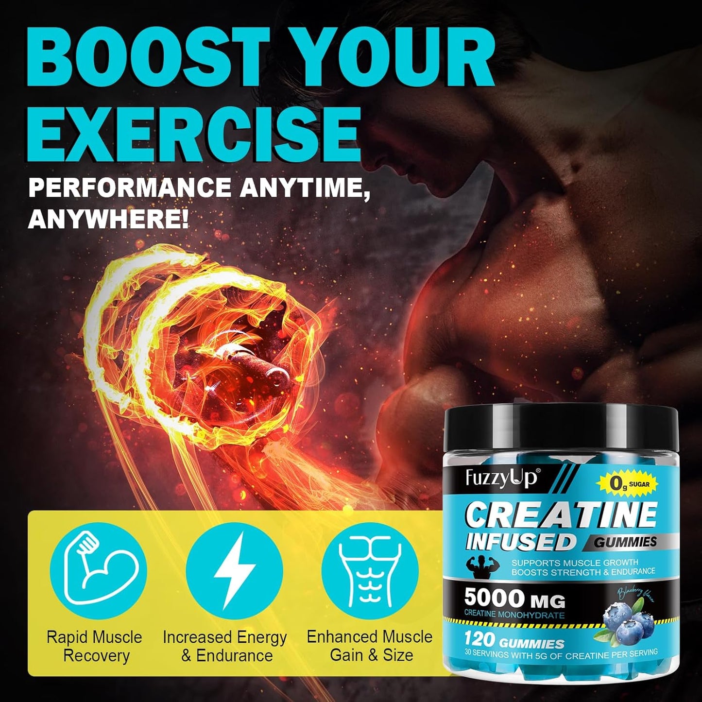 Blue Raspberry Creatine Monohydrate Gummies - 5g per Serving for Men & Women - Muscle Growth Support - 120 Count
