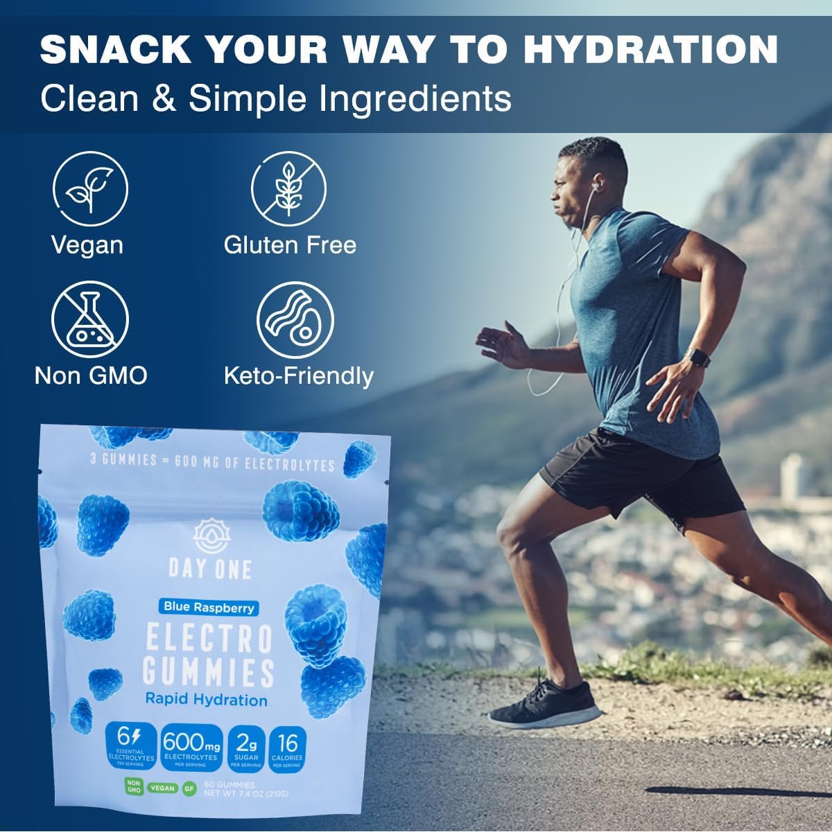 Blue Raspberry Electrolyte Gummies for Runners & Athletes - Hydration Alternative to Powders & Tablets - 60 Gummies
