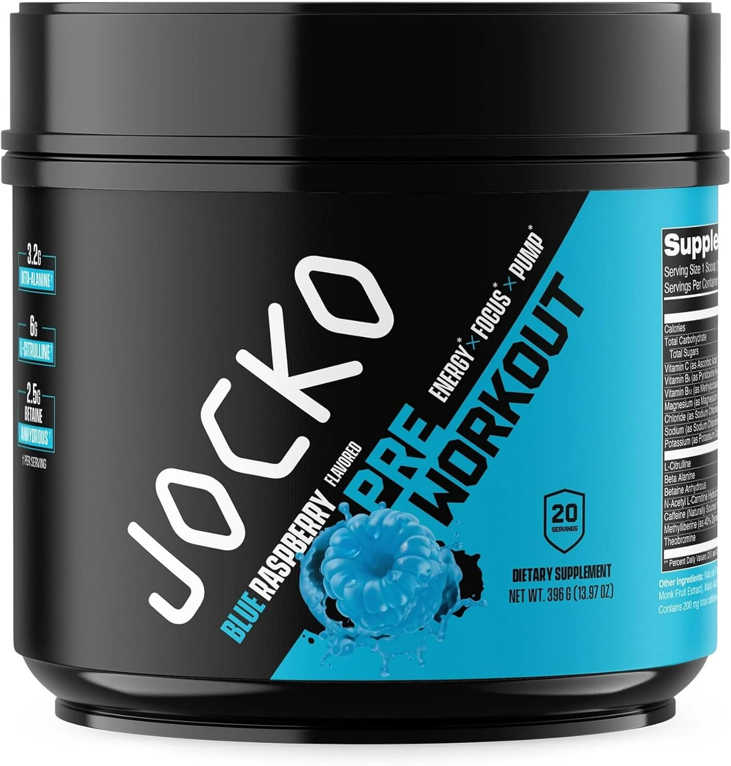 Blue Raspberry Flavored Jocko-Fuel Pre-Workout Powder - High Stim with 200mg Caffeine - Sugar-Free & Gluten-Free - Boosts Energy & Muscle Endurance - 20 Servings