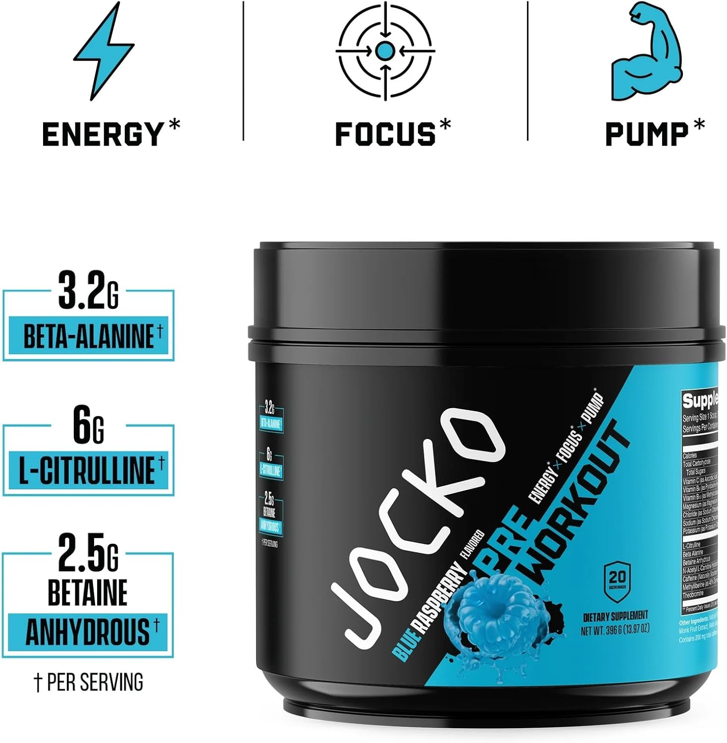 Blue Raspberry Flavored Jocko-Fuel Pre-Workout Powder - High Stim with 200mg Caffeine - Sugar-Free & Gluten-Free - Boosts Energy & Muscle Endurance - 20 Servings