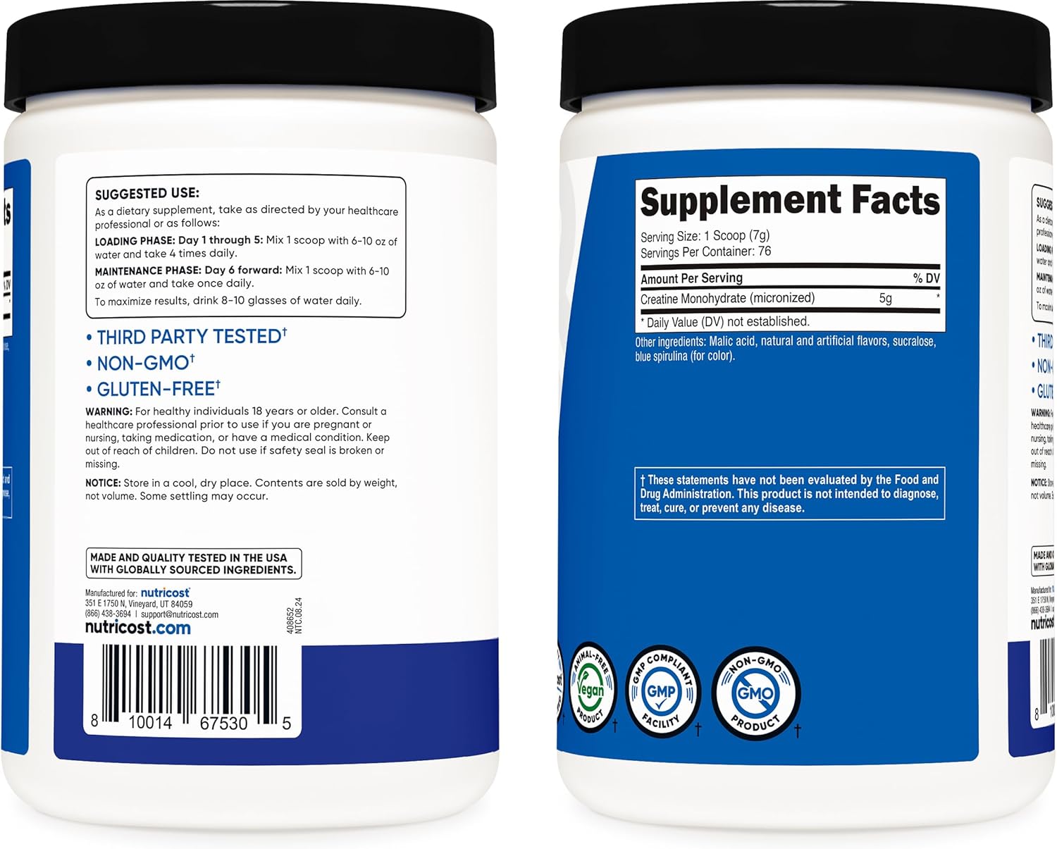 Blue Raspberry Flavored Nutricost Creatine Monohydrate Powder - 500g (1.1lbs)