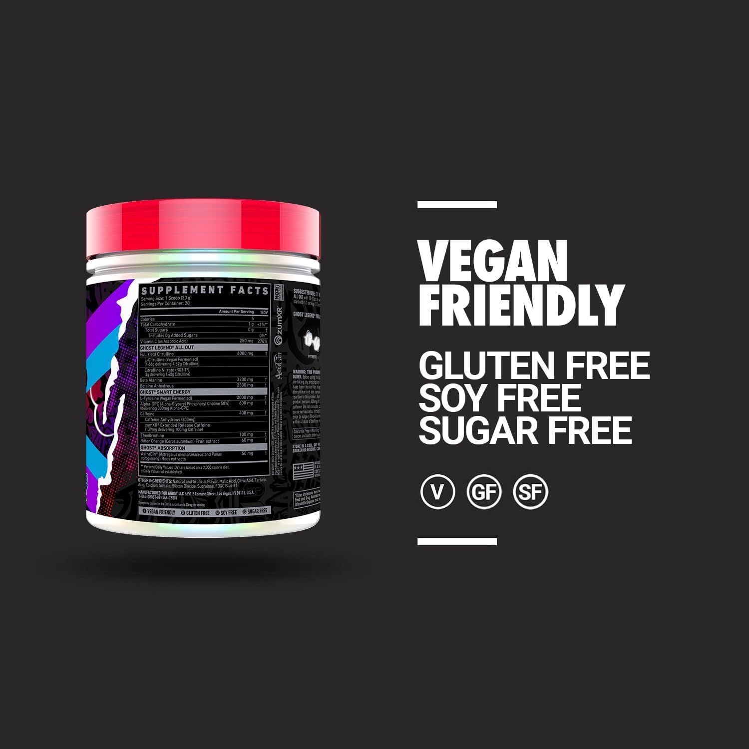 Blue Raspberry GHOST Legend Pre-Workout Powder - 20 Servings - Energy & Pump Supplement for Men & Women - Caffeine, L-Citrulline, Beta Alanine Blend - Sugar Free