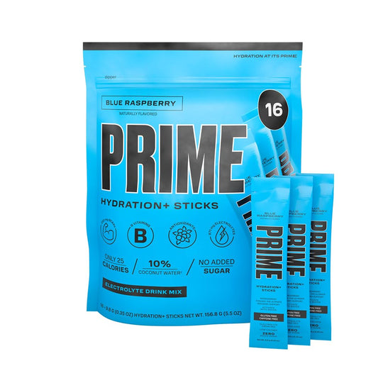 Blue Raspberry Hydration Powder Sticks with BCAAs, B Vitamins, and Antioxidants - 16 Pack, Caffeine-Free and Vegan