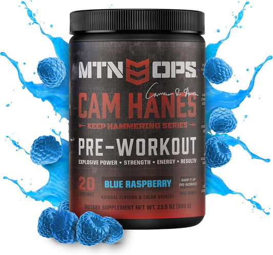 Blue Raspberry MTN OPS Pre-Workout Powder Energy Drink, Cameron Hanes Keep Hammering Series, 20 Servings, 23.2oz