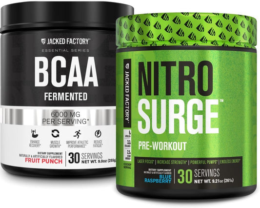 Blue Raspberry Nitrosurge Pre-Workout & Fruit Punch BCAA Combo for Muscle Building and Recovery by Jacked Factory