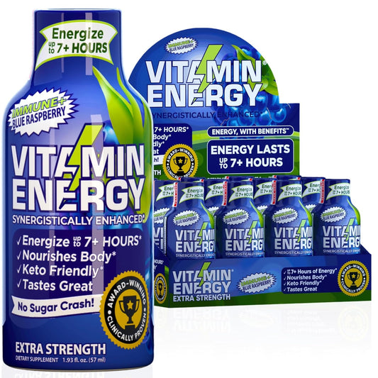 Blue Raspberry Vitamin Energy Extra Strength Energy Drink Shots - 48 Ct | Immune Support Formula | Sugar & Carb-Free | Natural Nutrients for 7+ Hours of Energy