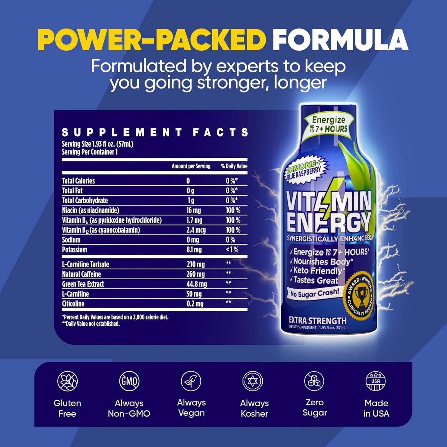 Blue Raspberry Vitamin Energy Extra Strength Energy Drink Shots - 48 Ct | Immune Support Formula | Sugar & Carb-Free | Natural Nutrients for 7+ Hours of Energy