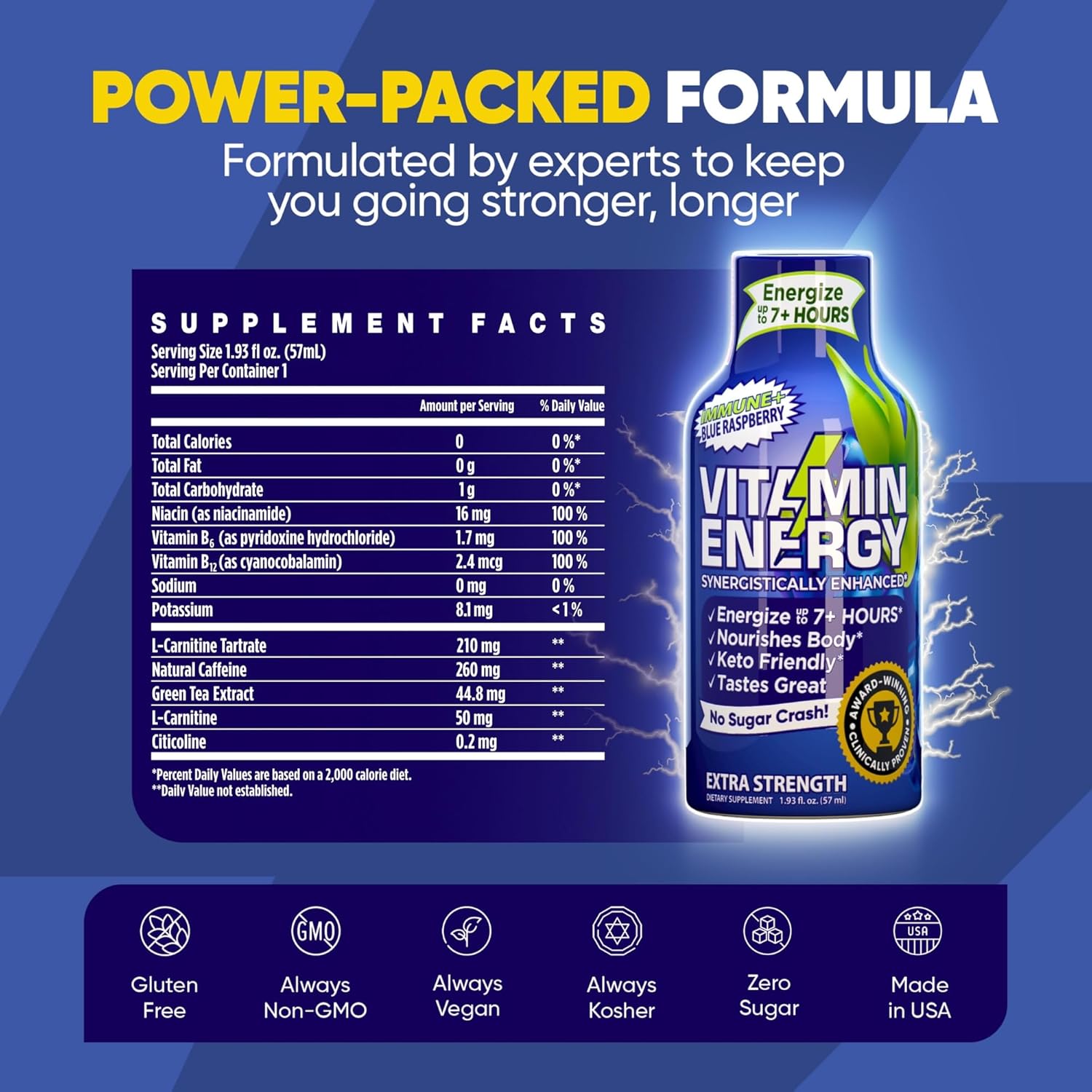 Blue Raspberry Vitamin Energy Extra Strength Energy Drink Shots - 48 Ct | Immune Support Formula | Sugar & Carb-Free | Natural Nutrients for 7+ Hours of Energy