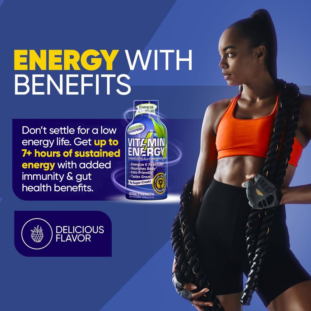 Blue Raspberry Vitamin Energy Extra Strength Energy Drink Shots - 48 Ct | Immune Support Formula | Sugar & Carb-Free | Natural Nutrients for 7+ Hours of Energy