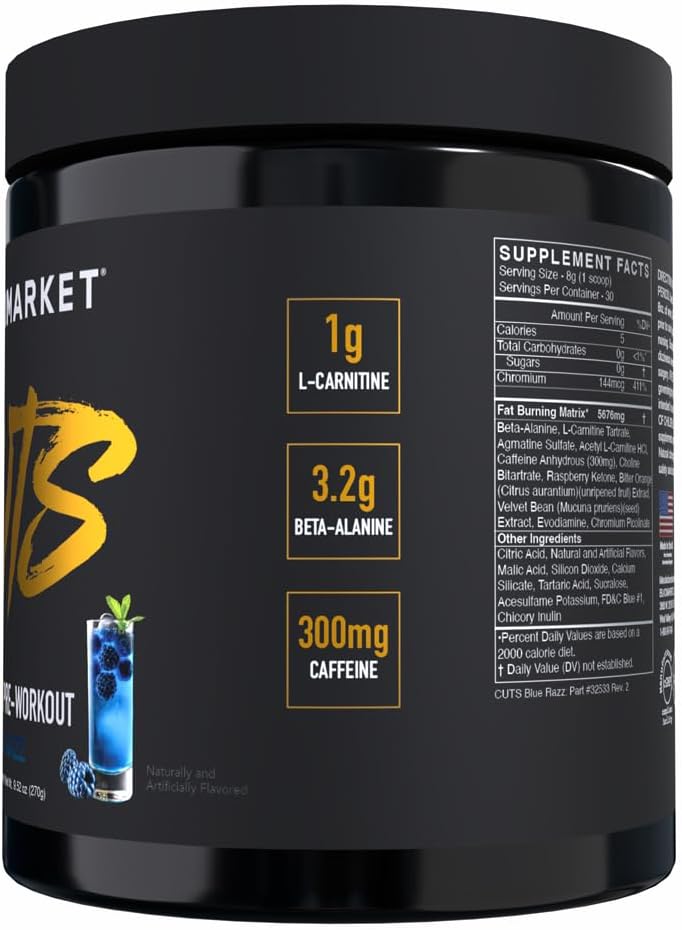 Blue Razz Pre-Workout Powder - Energy Drink Mix for Muscle Definition, Thermogenic, Creatine-Free - 30 Servings for Men & Women