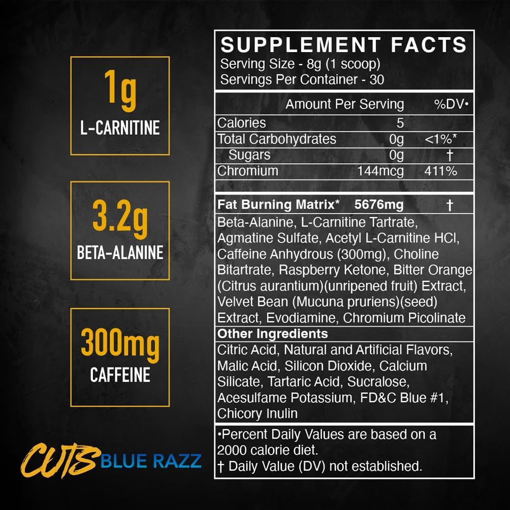 Blue Razz Pre-Workout Powder - Energy Drink Mix for Muscle Definition, Thermogenic, Creatine-Free - 30 Servings for Men & Women