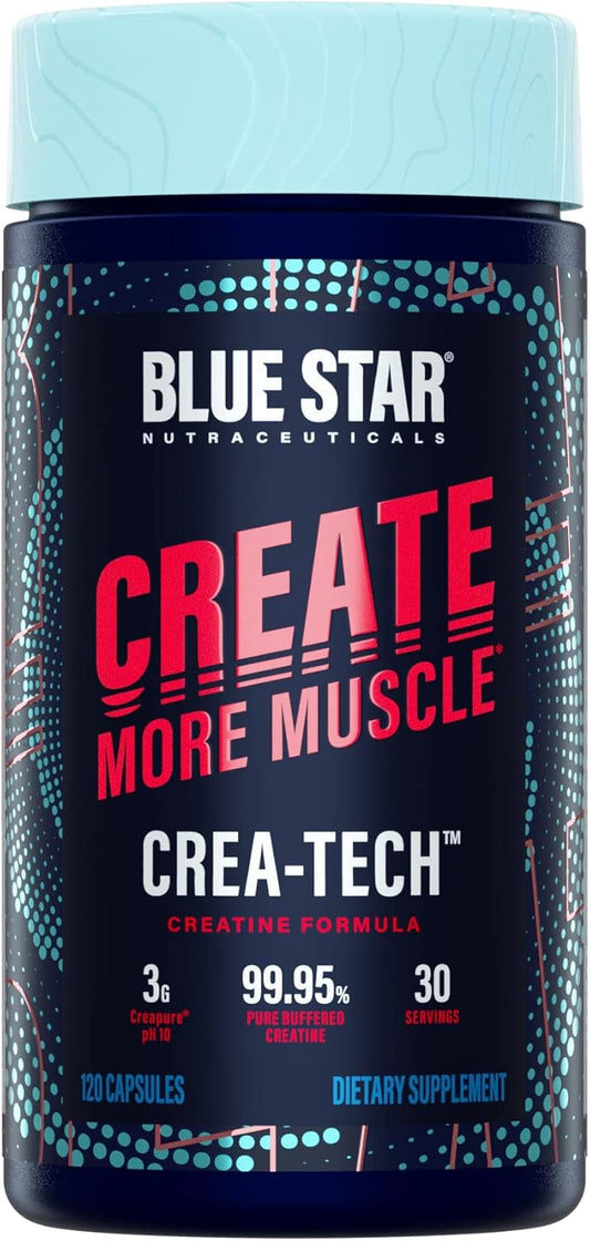 Blue Star Nutraceuticals CREA-TECH Capsules - Creapure Creatine Monohydrate with Electrolytes - Muscle Building and Strength Enhancing Supplement | 30 Day Supply - 120 Veggie Capsules