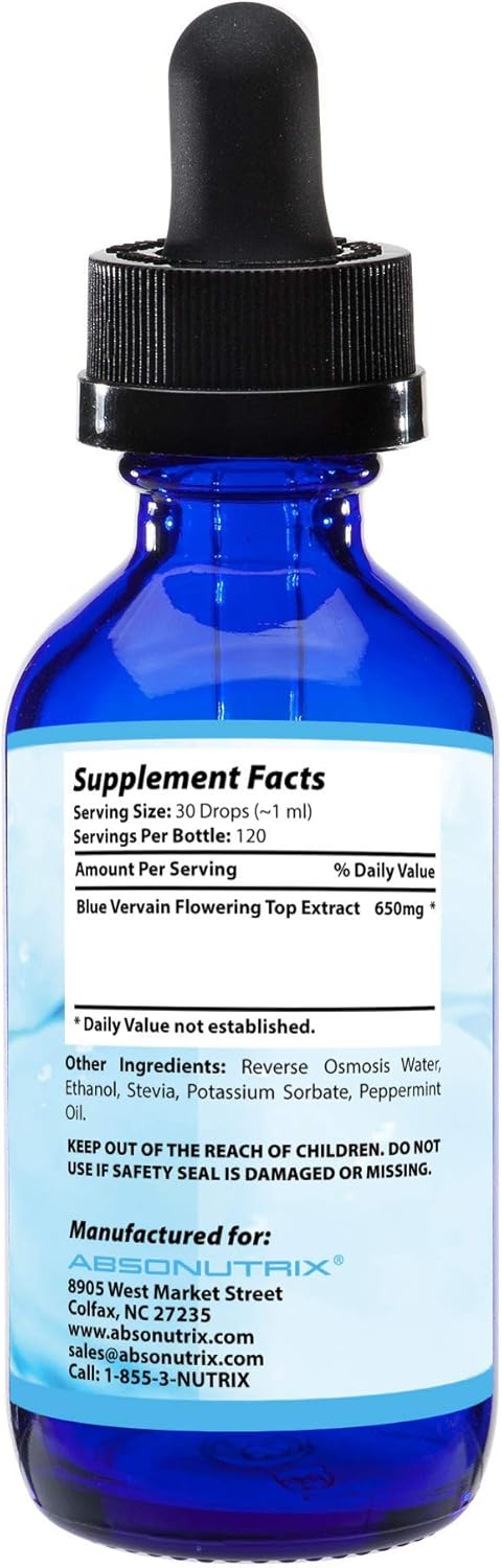 Blue Vervain Flowering Top Extract 650mg - 4oz Bottle (118 Servings) - High Bioavailability - Quick Absorption - Cruelty-Free, Non-GMO - Third-Party Tested - GMP-Certified - Made in USA