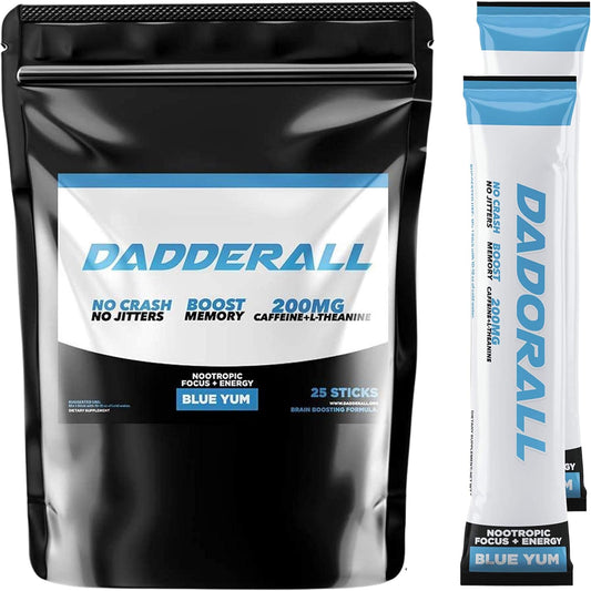 Blue Yum Nootropic Energy Drink Mix with 200mg Caffeine - 25 Single Serve Packets for Adults - Dadderall Focus Powder
